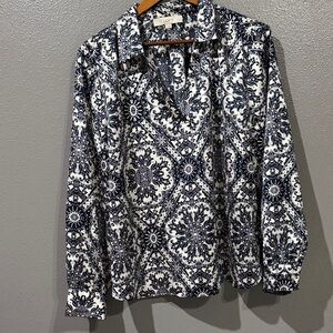 LOFT Navy and White Medallion Print  V-Neck long Sleeve Blouse